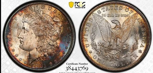 1881-S MORGAN SILVER DOLLAR RAINBOW GOLD BLUE RED YELLOW ORANGE TONING PCGS MS62