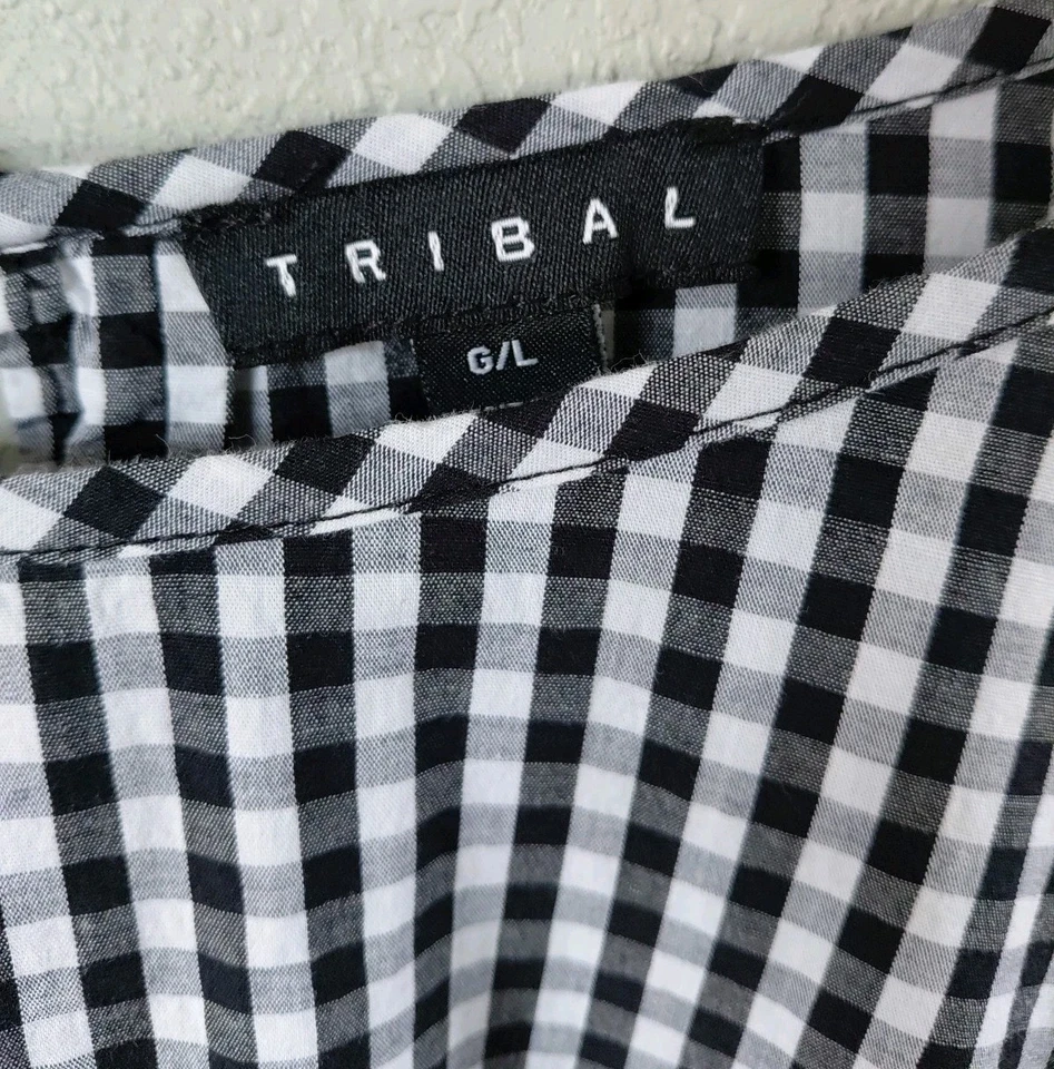 Tribal Womens Size Large Gingham Blouse with Eyelet Detail Layered Bell Sleeves - Image 3 of 4