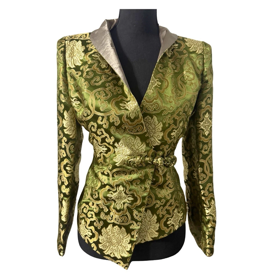 Винтажный 60-х зеленый китайский шелк викторианской Regencycore парчи куртка размер S M - Изображение 2 из 4