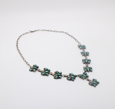 Zuni Silver Designer Butterfly Turquoise Stone Paperclip Squash Blossom Necklace