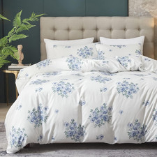 Blue Rose Floral Duvet Cover Queen Size,Blue and White Farmhouse 3Pc Soft Brea