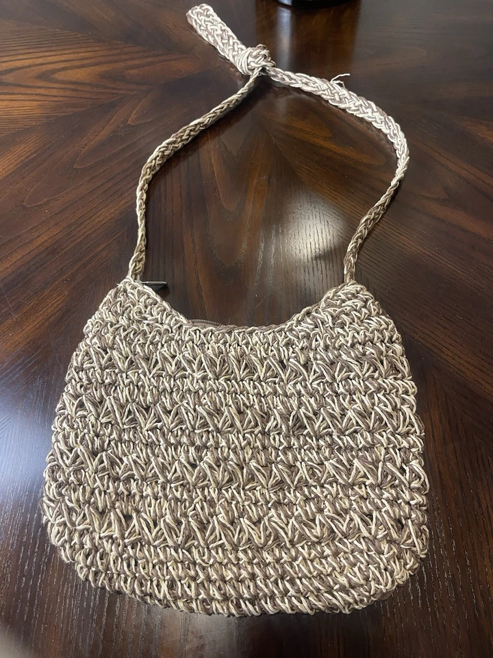 Bolso de hombro vintage Sun N San Brown 1986 tejido macramé con cuentas bohemio BoHo Foto 4 de 4