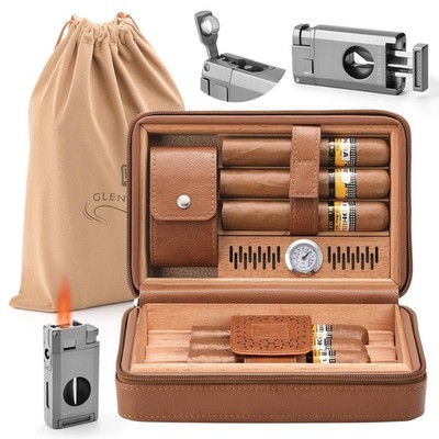 GLENCREAG Portable Travel Cigar Humidor Case, Leather Cedar Wood Lined Brown 