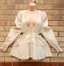 ASOS Apparel cream linen textured tiered long sleeve a line mini dress 8 10 S