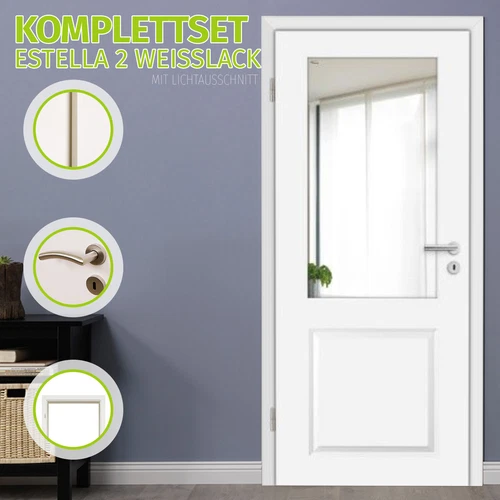 HORI Glastür Komplettset Zimmertür inkl. Türgriff + Zarge - Estella 2 Weißlack