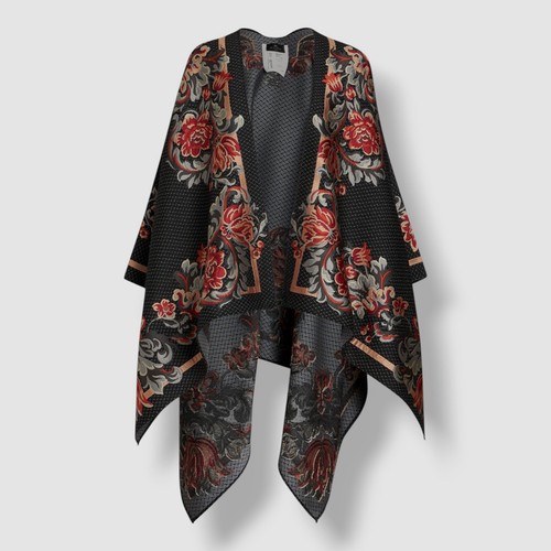 Etro Women's Black Wool Floral Jacquard Open-Front Cape Shawl Size OS