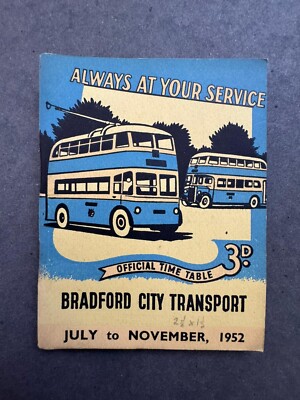 Juli 1952 Bradford City Transport Motor Bus Trolleybus Fahrplan Karte Tarife