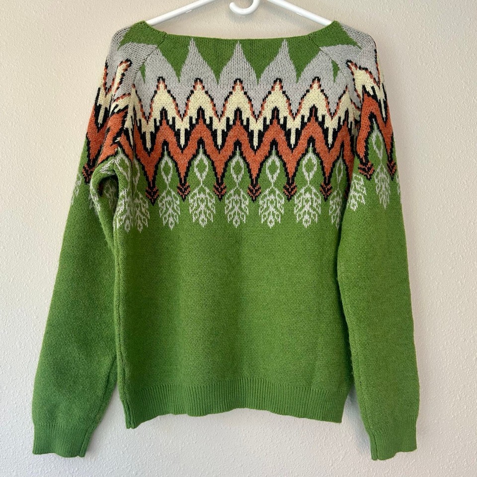 Fair isle colorful boat neck knit soft stretch ski green sweater size Large eBay
