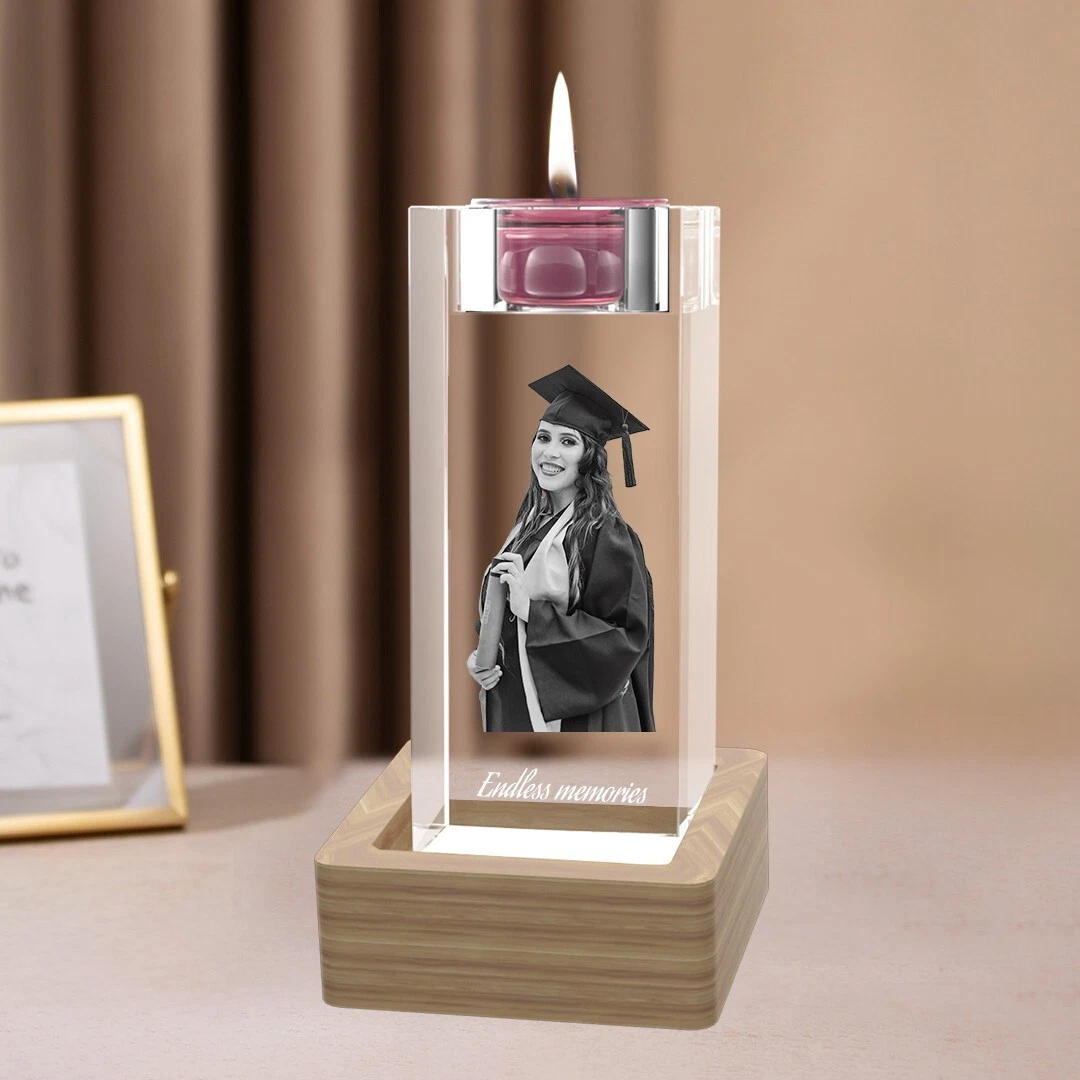 3D Crystal Candle Holder, Personalised Birthday Christmas Wedding 3D Photo Gifts