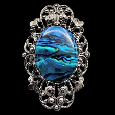 Vtg Faux Abalone Brooch Pendant Ornate Filigree Silver Tone Repousse Style Blue