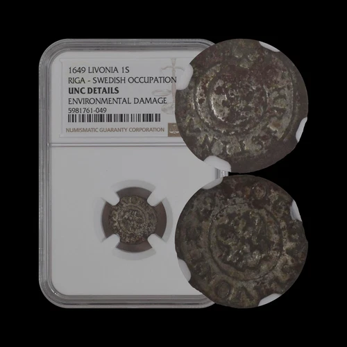 LIVONIA. 1649, 1 Solidus, Silver - NGC UNC - Christina, Sweden, Riga, Griffin