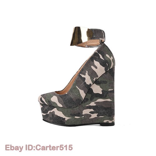 Women Wedge Heels Pumps Camouflage Round Toe Platform Ankle Strap Shoes BIG Size - Picture 12 of 18