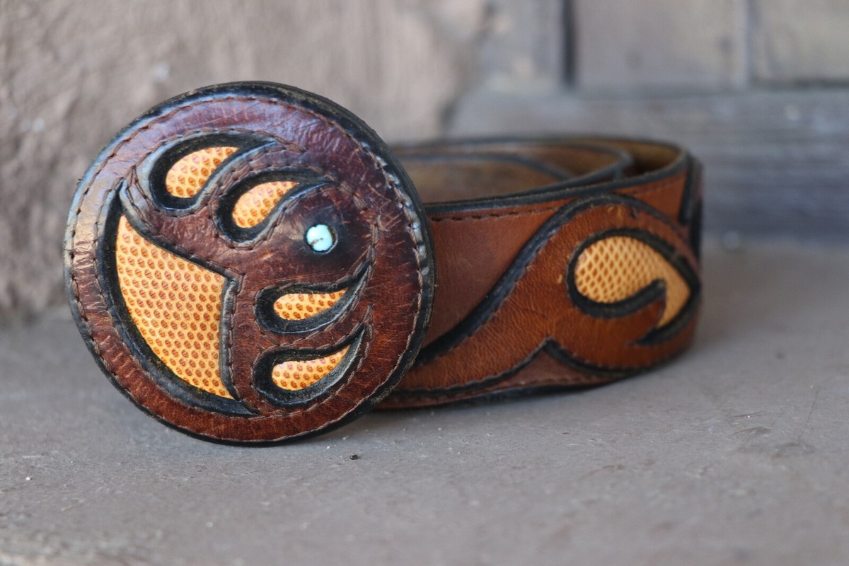 RARE 70s Vintage WYLY\'s Brown Leather Buckle Belt w/ Genuine Turquoise Women main image 4