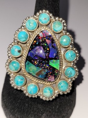 Turquoise & Galaxy Opal Adjustable Southwestern Cluster Statement Ring SS 925