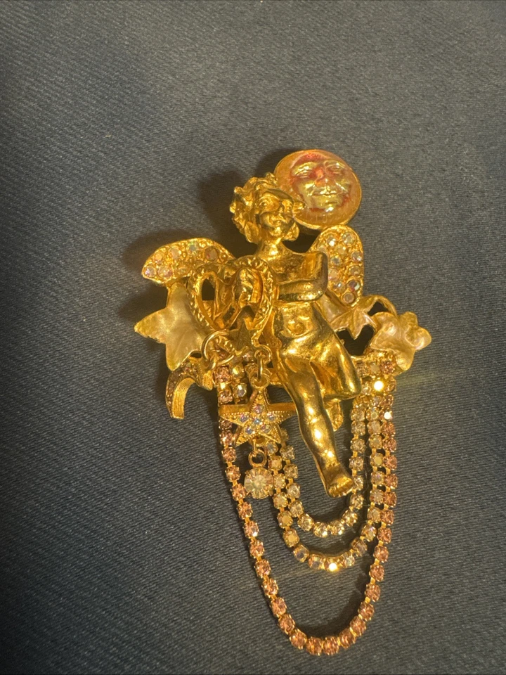 KIRKS FOLLY Raro De Colección Años 80 Cristal Esmalte Luna Chapado en Oro Cupido Foto 2 de 4