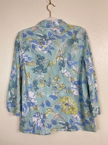 Charter Club Linen Women Floral Button Up Top Size 12 Blue Green lagenlook Boho - Picture 14 of 15
