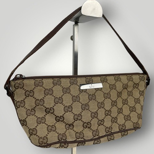 Gucci GG Canvas Accessory Pouch Handbag Shoulder Bag Beige Brown Leather