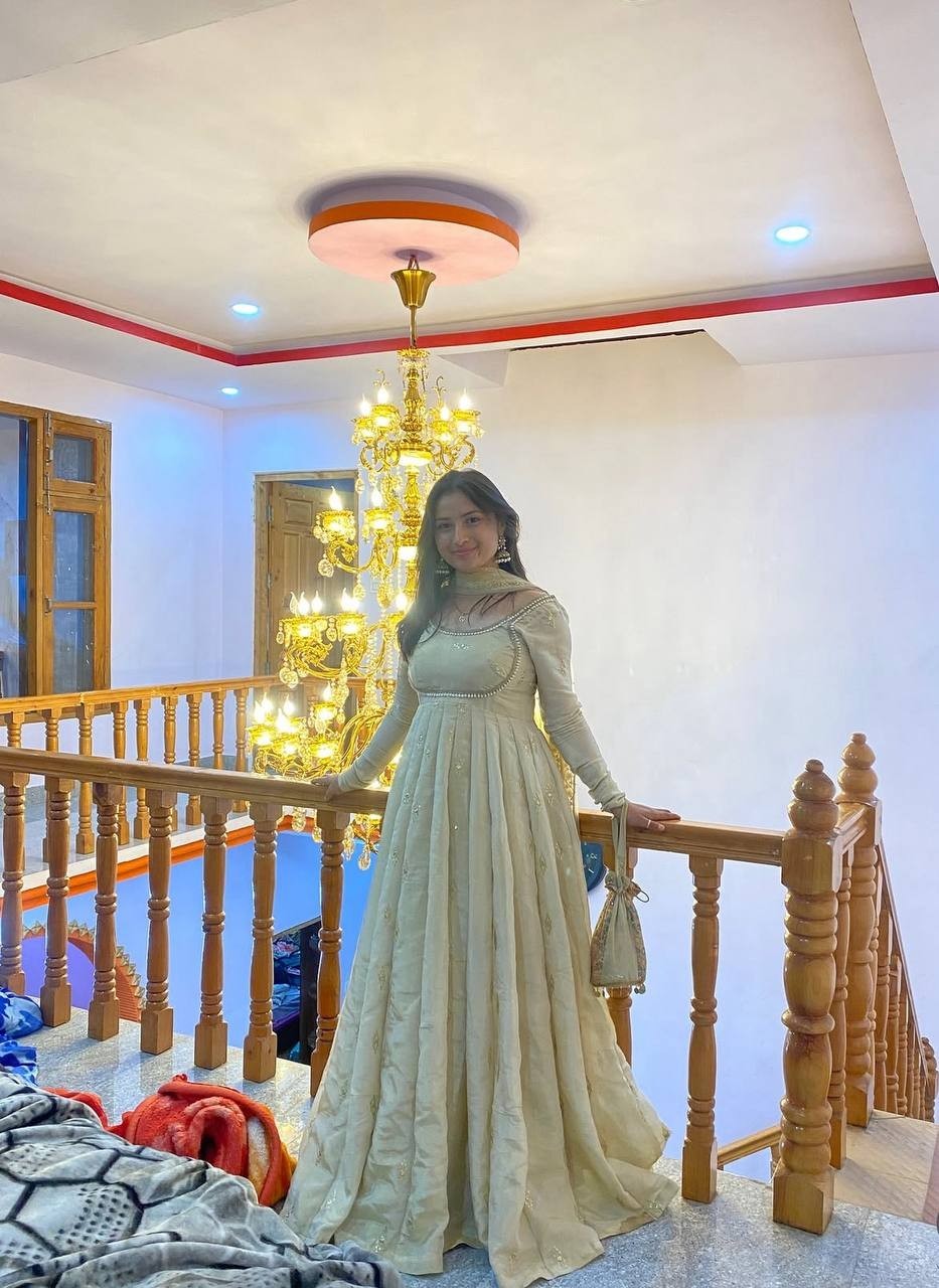 Pure Chinon Silk Off White Gown Bottom With Dupatta For Women Festival Wear