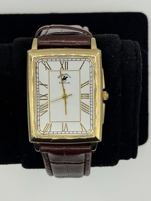 Beverly Hills Polo Club Vintage Watch Gold Tone Brown Leather Strap New Battery