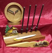 3 teiliges Schreibtischset, Uhr, Stiftschale, Brief&ouml;ffner, Holz, bemalt