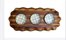 Mackenzie Childs Serving Board Acacia Wood W/ 3 Sterling Check Dipping Bowls