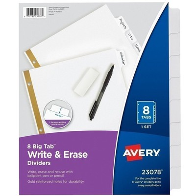 Avery Write & Erase Paper Divider, White, Big Tab, 8-Tab (23078)