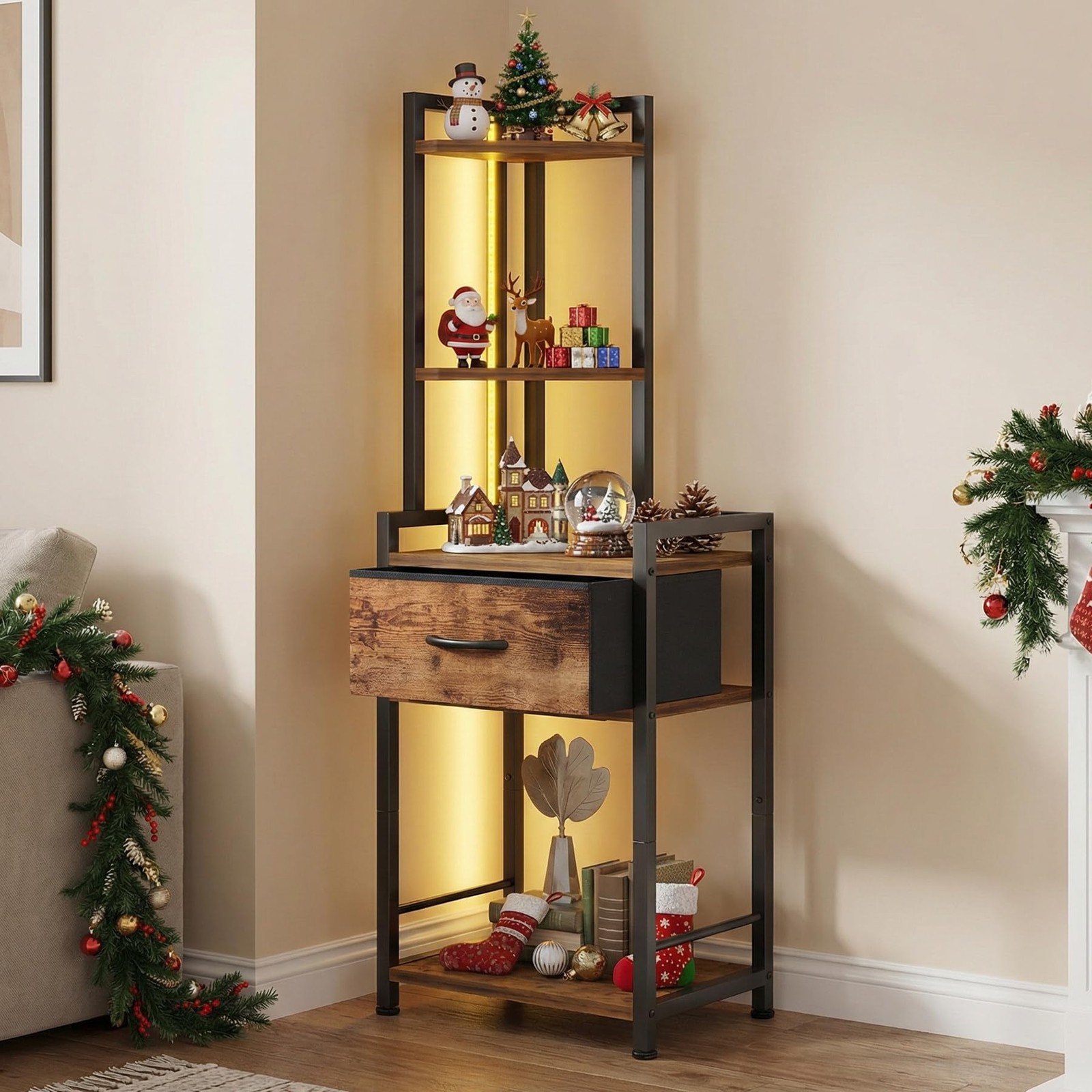 5-Tier Corner Shelf Stand with LED Lights & Fabric Drawer - Rustic Brown Free...
