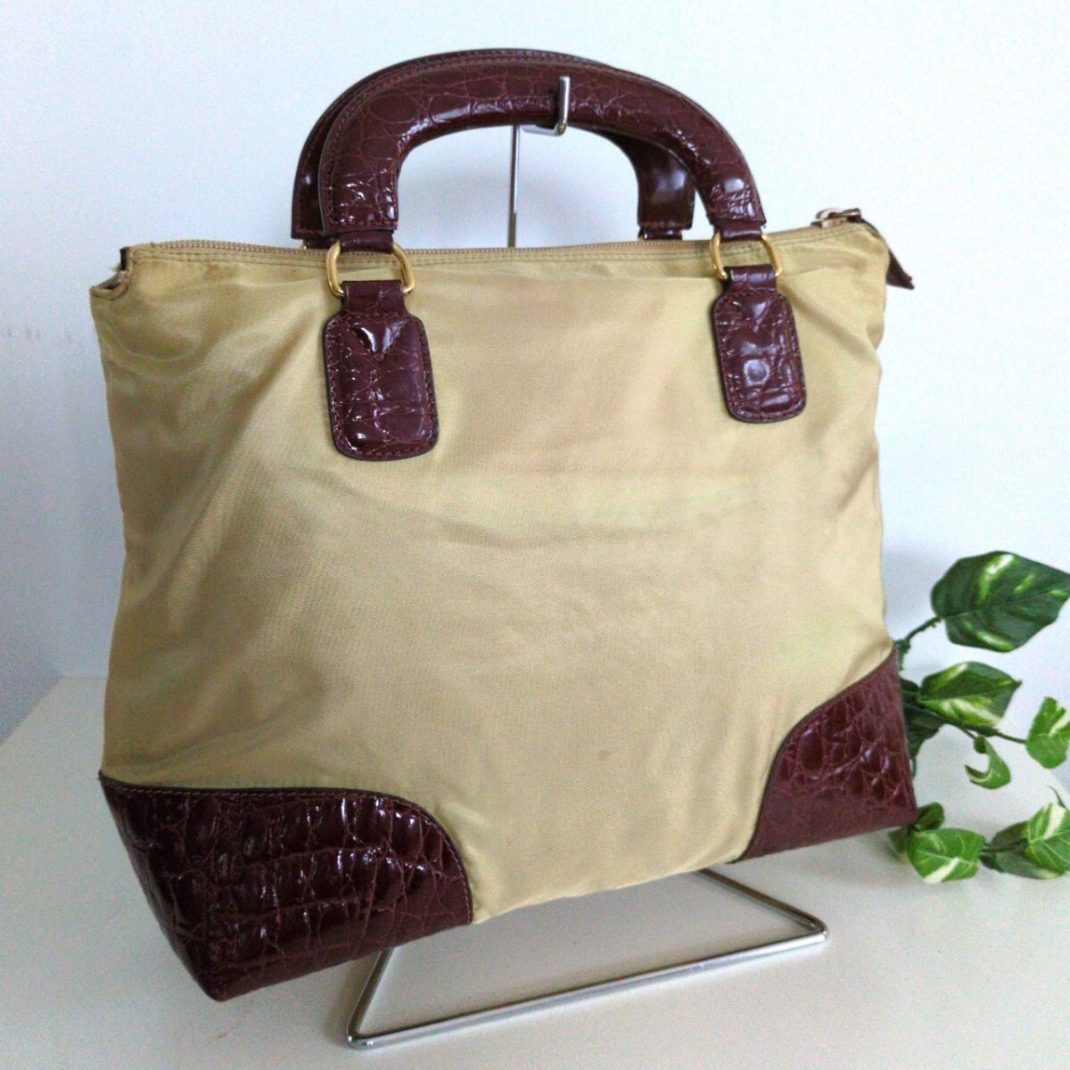 90s Old PRADA Nylon Stamped Leather Handbag Beige Brown Shoulder