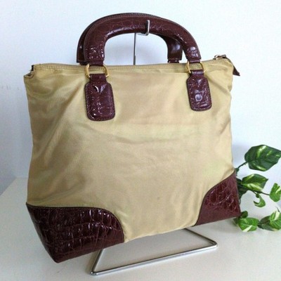 90s Old PRADA Nylon Stamped Leather Handbag Beige Brown Shoulder