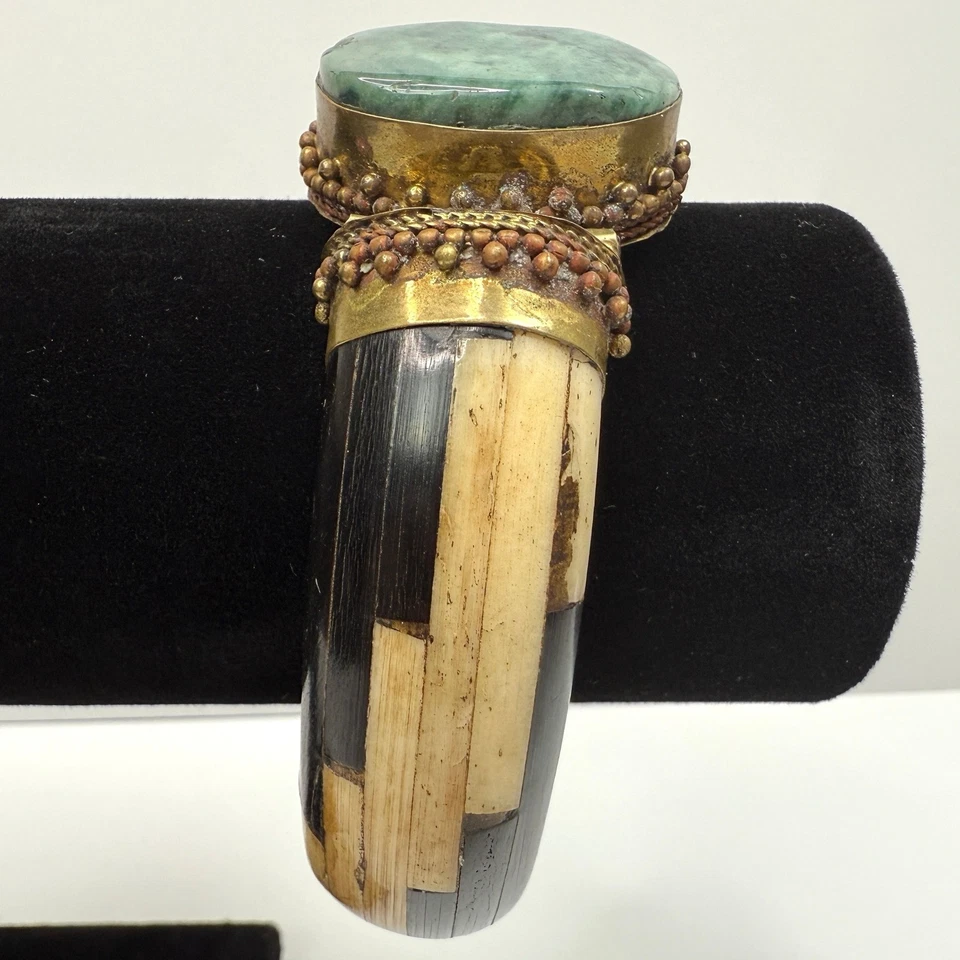 Brazalete Brazalete Vintage Piedra Jade Verde Hueso de Camello Latón Cierre de Bisagra Joyería Foto 4 de 4