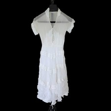 Vintage Victorian Regency White Tea Dress Lace Trim Button Short Sleeve Boho