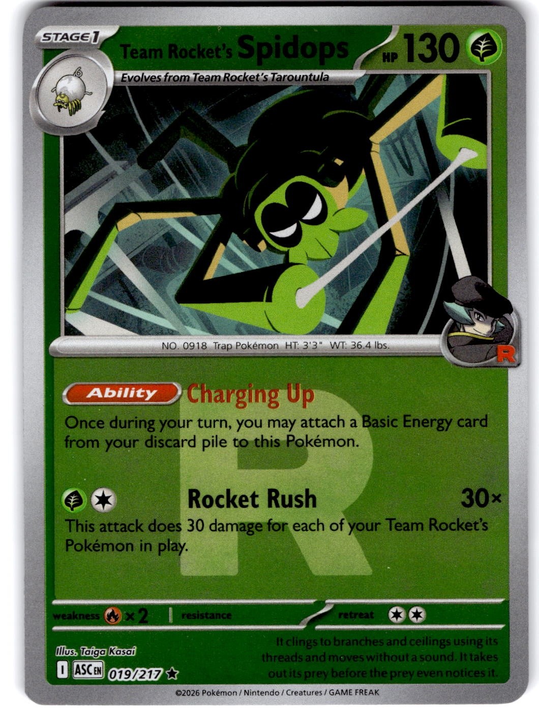 Pokemon Team Rocket's Spidops ASC 19/217 Team Rocket Pattern Near Mint English