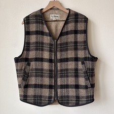 Vintage LL Bean Plaid Wool Sherpa Fleece Lined Full Zip Vest Mens Large USA MADE