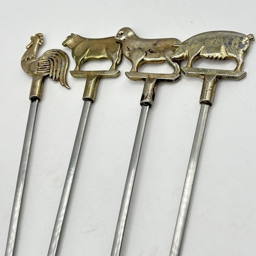4 Vintage BBQ Shishkabob Skewers Animals Stainless Steel And Brass Tops Grill