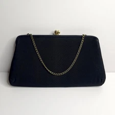 Vintage Black Cloth Kisslock Evening Bag Clutch Purse Gold Tone Kiss Clasp Chain