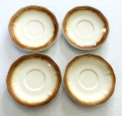 VTG Oxford Vitramik Stoneware Saucers Set of 4 Made in Brazil Cream & Brown Trim