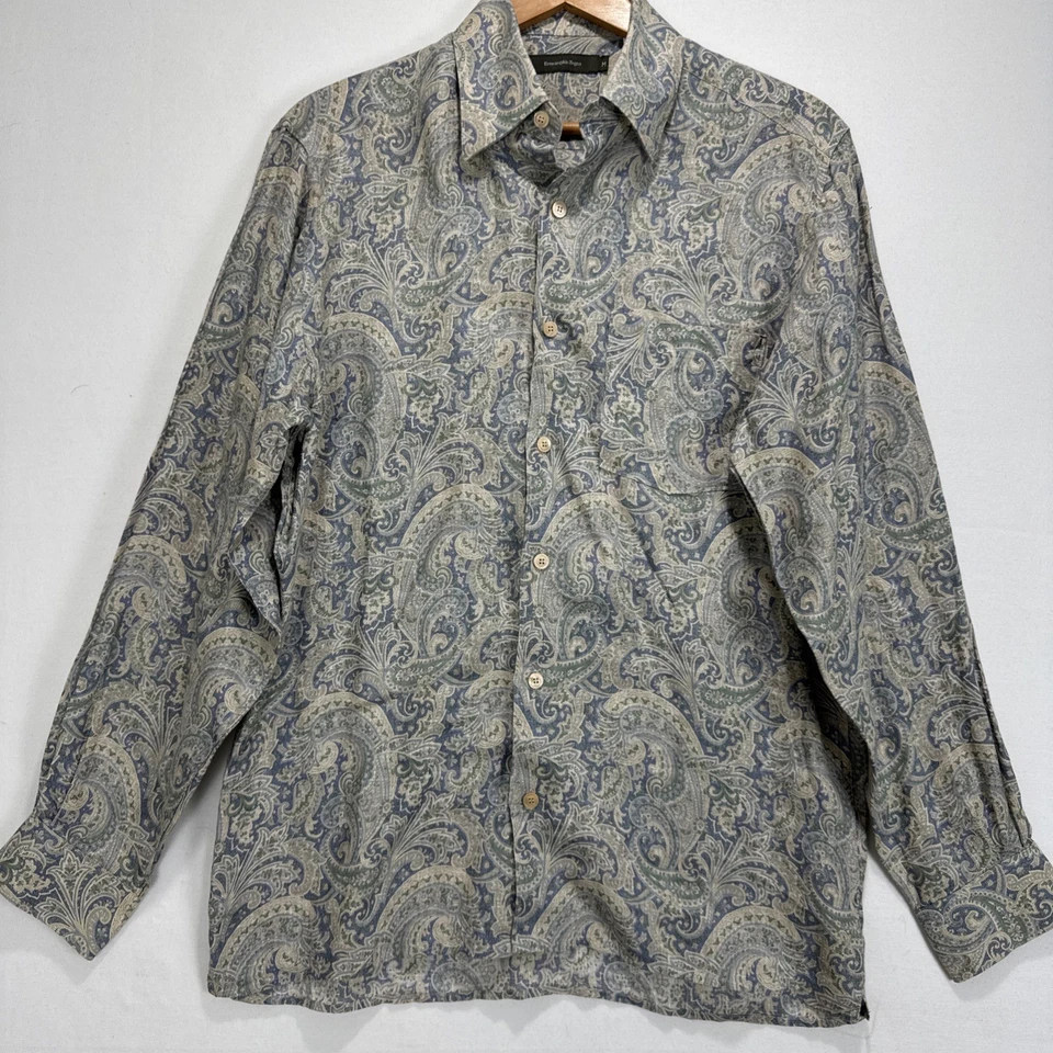 Camisa Ermenegildo Zegna Botón Para Hombres M Verde Paisley 100% Lino Camisa Ligera Foto 2 de 4