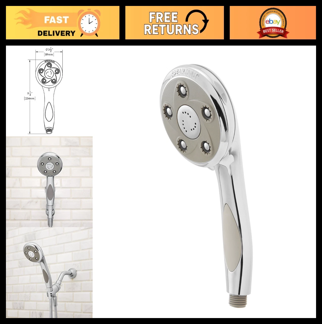 Multi-Function Adjustable Handheld Shower Head, 2.5 GPM, Polished Chrome Finish