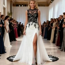 Black And White Wedding Dress With Detachable Train Side Slit Lace Bridal Gown