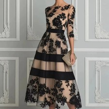 Vintage Black Floral Lace Tulle Midi Dress Women O‑Neck 3/4 Sleeve Sash Waist