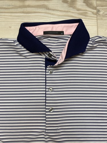 GREYSON Golf grau gestreiftes Kurzarm Performance Poloshirt Herren Größe XL - Bild 3 von 12