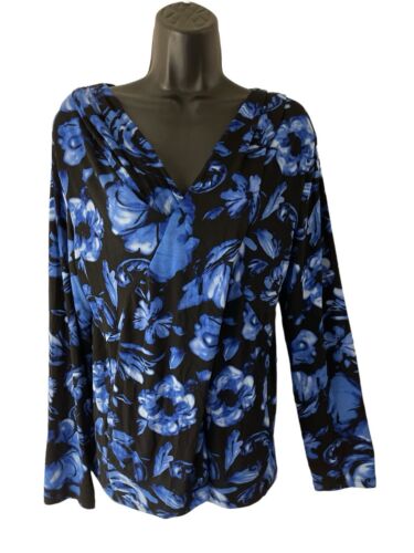 Jones New York Top Womens XL Blue Floral Stretch Knit Career Blouse Long Sleeve