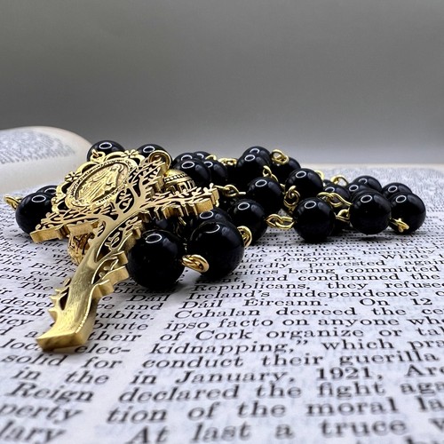 Handmade in Scotland Azbache Stone Black and Gold Tree of LIfe Rosary Beads Gift - Picture 5 of 12