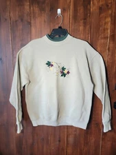 Vintage Fruit of the Loom Crewneck Sweatshirt L Tan Embroidered Autumn Leaves 🍁