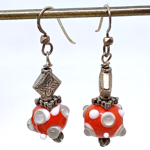 Earrings Artisan Glass Lampwork Red White Sterling Hook Silver Bead Dangle Drop - Picture 12 of 18