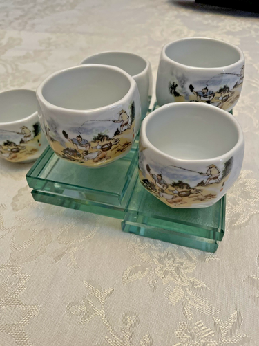 Sake Tea Cups Royal China Porcelain Sauce Bowl Set of 5 Fishing Cooking Scene - Picture 6 of 7