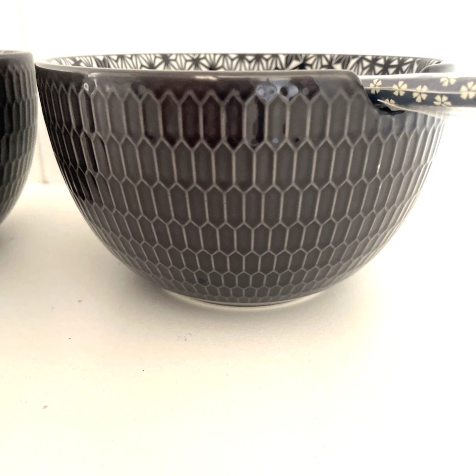 Juego de 2 cuencos de fideos ramen de gres azul oscuro para artículos para el hogar exclusivos con palillos Foto 4 de 4