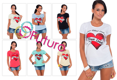 Kurzärmlig Baumwolle Damen-T-Shirt Top True Love Druck Schaufelausschnitt Größen 8-14 B04