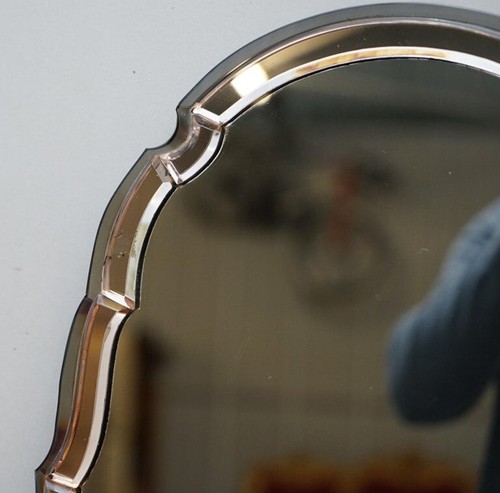 Sublime 1930s Art Deco Peach Glass Beveled Venetian Curved Steeple Top Mirror - Picture 4 of 13