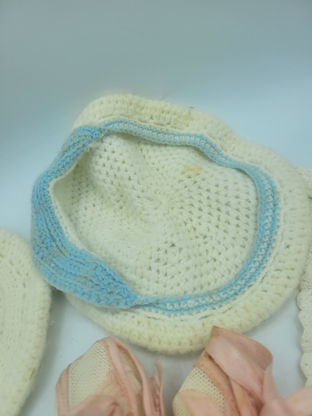 Antique Baby Clothes Crocheted Knotted Pair Booties , Bib And Hat